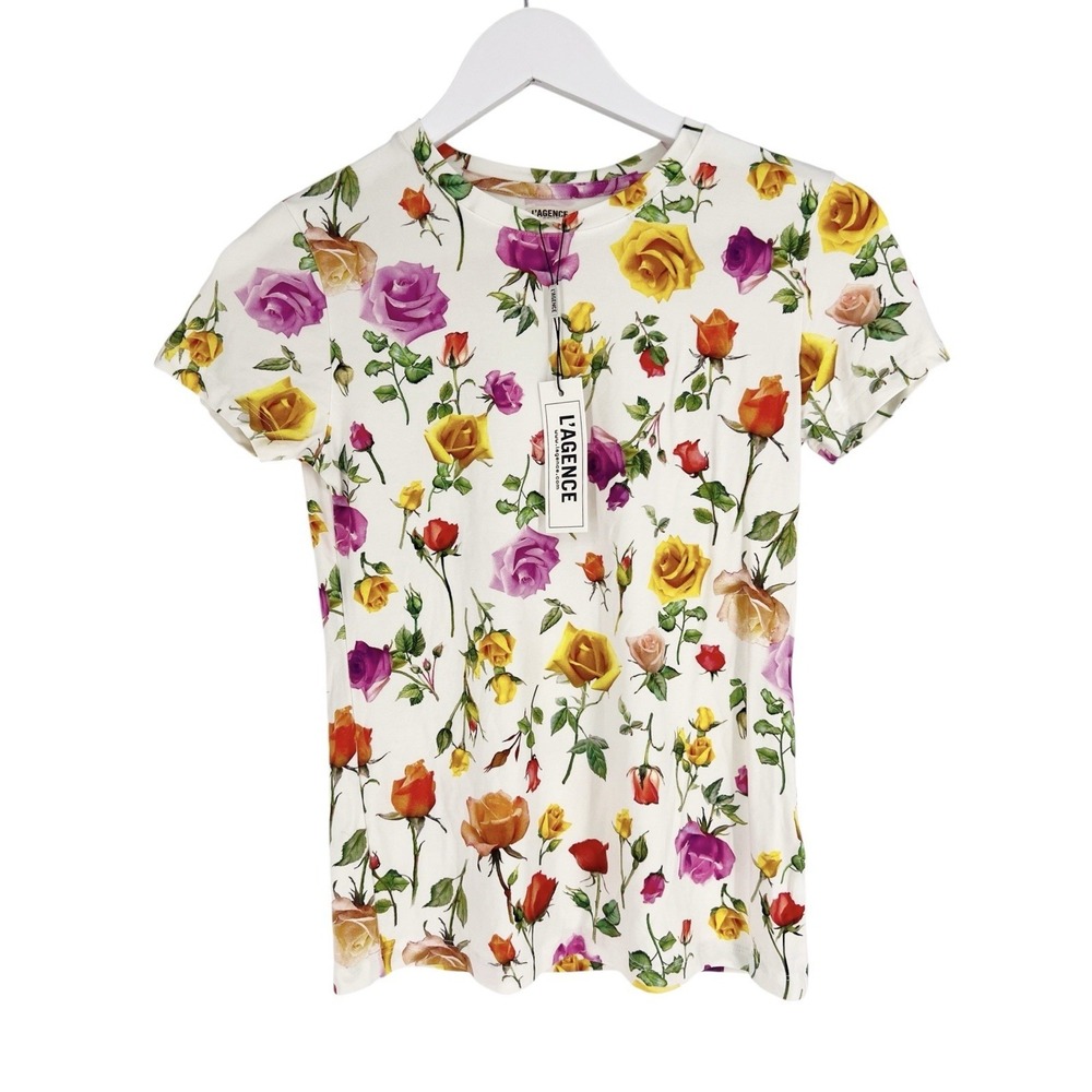 XS L'AGENCE Ressi NWT White Rose Floral Crewneck Jersey Fitted Tee